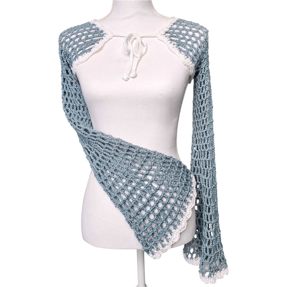 Handmade Crochet Shrug, XS-SM Gray Blue, Bell Sleeve Front Tie Bohemian Shrug
